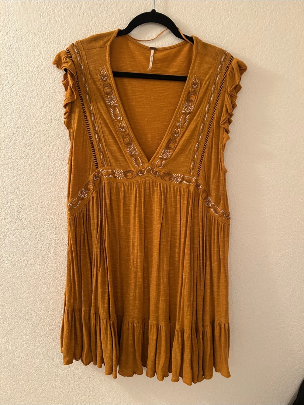 Free People Golden Mustard Embroidered V-Neck Tunic